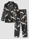 Men Faux Silk Allover Crane Print Chest Pocket Luxury Home Pajama Sets - Black