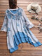 Floral Print Button Fake Two Pieces Chinese Style O-neck Blouse - Blue
