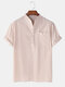 Men Cotton Bubble Pit Striped Chest Pocket Stand Collar Casual Henry shirt - Pink