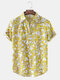 Mens Floral Pattern Lapel Short Sleeve Curved Hem Shirt - Yellow