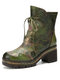 Socofy Retro Ethnic Floral Print Leather Side-zip Comfy Warm Lining Chunky Heel Short Boots - Green