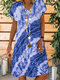 Tie-dye Printed V-neck Short Sleeve Midi Dress - Blue