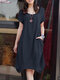 Solid Color Short Sleeve O-neck Pocket Cotton Dress - Navy