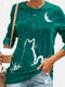 Cat Print Long Sleeve O-neck Casual T-Shirt For Women - Green