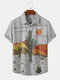 Mens Cactus Desert Landscape Print Button Up Short Sleeve Shirts - Gray