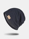 Unisex Knitted Solid Color Letter Rivet Leather Label Warmth Casual Beanie Hat - Navy