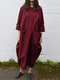 Solid Color Casual Loose Pockets O-neck 3/4 Sleeve Dress - Wine Red