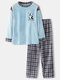 Mens Cute Panda Letter Embroidery Grid Stitching O-Neck Flannel Warm Pajamas Sets - Blue