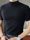 Camiseta masculina sólida de meia gola casual de manga curta - Preto