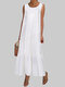 Casual Solid Color Ruffled Hem O-neck Pleated Long Maxi Tiered Dress - White