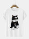 Mens Cartoon Cat Graphic Crew Neck Short Sleeve T-Shirts Winter - White