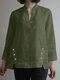 Women Solid Stand Collar Button Design Hem Cotton Blouse - Army Green