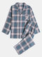 Mens Button Up Lapel Collar Long Sleeve  Loose Gingham Plaid Thick Pajamas Set - Blue