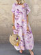 Women Watercolor Floral Print Crew Neck Short Sleeve Dress - Purple