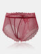 Plus Size Women Bandage Back Design Lace Breathable Comfy Panties - Wine Red