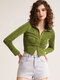Solid Folds Long Sleeve Lapel Button Blouse Women - Green