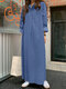 الصلبة طويلة الأكمام طية صدر السترة الدنيم فستان عارضة زر - أزرق