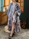 Women Crane Pattern Faux Silk Knotted Smooth Luxury Home Robes - Gray