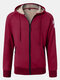 Mens Solid Color Fleece Lined Thicken Sports Outdoor Zipper Hooded Jacket - Red