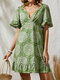 Calico Print V-neck Ruffle Short Sleeve Women Dress - Green
