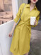 Solid Twist Long Sleeve Lapel Casual Dress For Women - Yellow