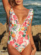 Women Flamingo Print Low Cut Backless Ruffles Trim One Piece Slimmng Swimwear - White