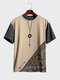 Mens Japanese Paisley Print Patchwork Crew Neck Short Sleeve T-Shirts - Khaki
