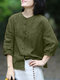 Mujer Liso Botón Delantero Algodón Casual Manga 3/4 Camisa - Verde oscuro