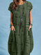 Geo Print Short Sleeve Pocket Crew Neck Casual Dress - Dark Green