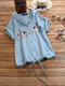Elephant Printed Hooded Button Drawstring Women Short Sleeve Shirt - Blue