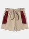 Mens Ethnic Ribbon Color Block Stitching Loose Drawstring Shorts - Khaki