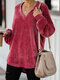 Loose V-neck Shirt Long-sleeved Solid Color Casual Blouse - Wine Red