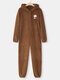 Plus Size Women Plush Christmas Patched Zip Front Hooded Onesies Pajamas - Coffee1