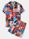 Mens Tribal Pattern Short Sleeve Revere Collar Shirt & Shorts Loungewear Set - Blue