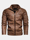 Mens Winter Warm Fashion Fleece Lined Long Sleeve PU Leather Jacket - Yellow