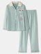 Women Cartoon Cat Pocket Knitted Long Sleeve Loungewear Plus Size Home Cotton Pajamas Sets - Green
