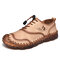 Men Soft Microfiber Leather Breathable Hand Stitching Casual Shoes - Khaki