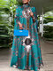 Плюс размер Женское Воротник-стойка с принтом Baroque Maxi Платье - синий