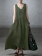 Solid V-neck A-line Sleeveless Pocket Vintage Dress - Dark Green