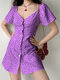 Allover Floral Print Button Front Short Sleeve Dress - Purple