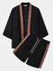 Mens Vintage Floral Ribbon Kimono Corduroy Two Pieces Outfits - Black