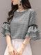Plaid Knotted Patchwork Ruffle Sleeve Round Neck Blouse - Black