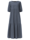 Solid Color O-neck Puff Sleeve Plus Size Dress for Women - Grey