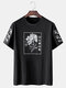 Mens Floral Japanese Character Print Loose 100% Cotton Short Sleeve T-Shirts - Black
