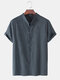 Mens Solid Color Cotton Linen Stand Collar Loose Casual Short Sleeve Shirts - Grey