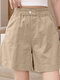 Shorts casuais de bolso com botão de cintura elástico sólido - Cáqui