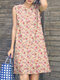 Women Allover Ditsy Floral Print Crew Neck Sleeveless Dress - Apricot