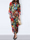 Ethnic Print Long Sleeve Lapel Vintage Jumpsuit For Women - Red