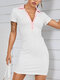 Contrast Color Lapel Button Short Sleeve Bodycon Dress For Women - White