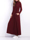 Casual Women Solid Long Sleeve Turtleneck Pockets Maxi Dress - Wine Red